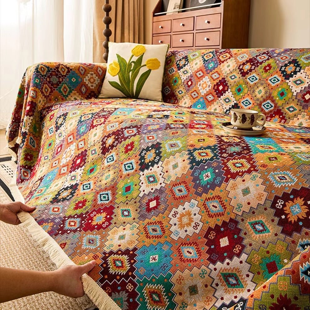 Sofa cover – Soft microfibre – Kilim geometric design – Chic tassel trim – Versatile couch slipcover for living room 5