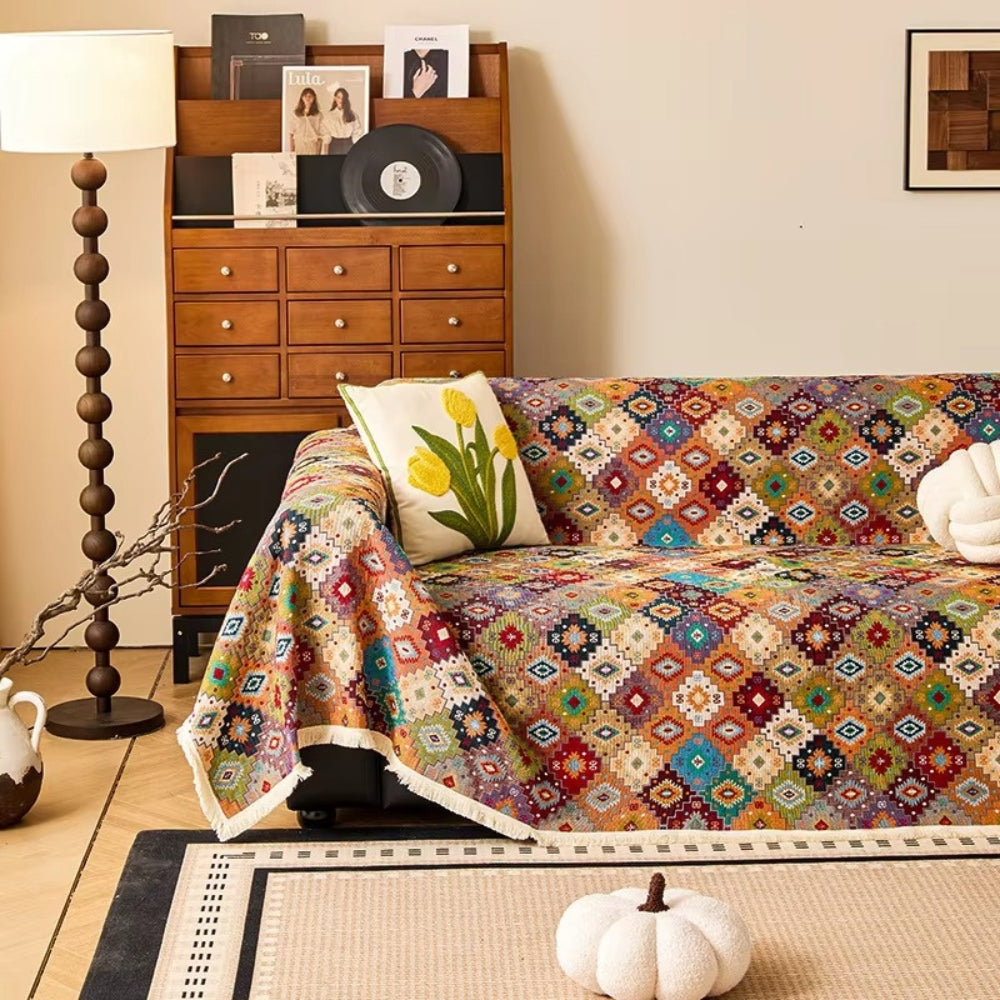 Sofa cover – Soft microfibre – Kilim geometric design – Chic tassel trim – Versatile couch slipcover for living room 6