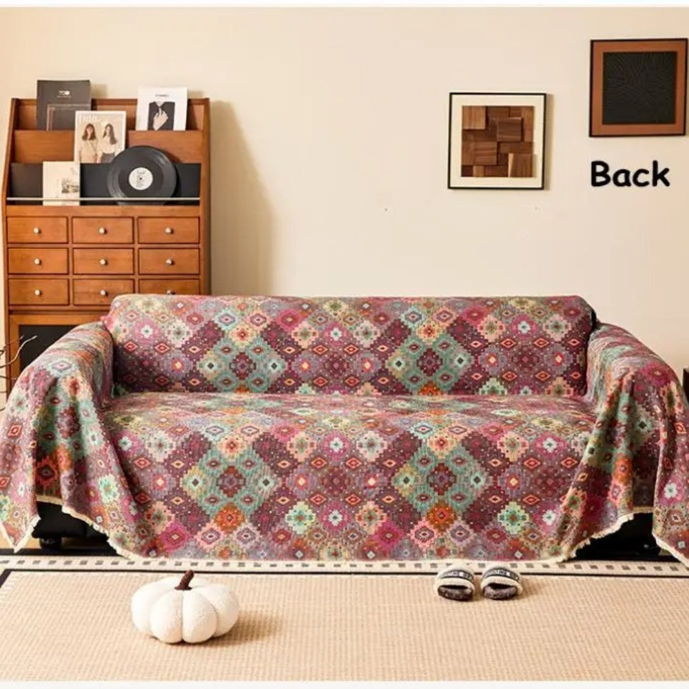 Sofa cover – Soft microfibre – Kilim geometric design – Chic tassel trim – Versatile couch slipcover for living room 7