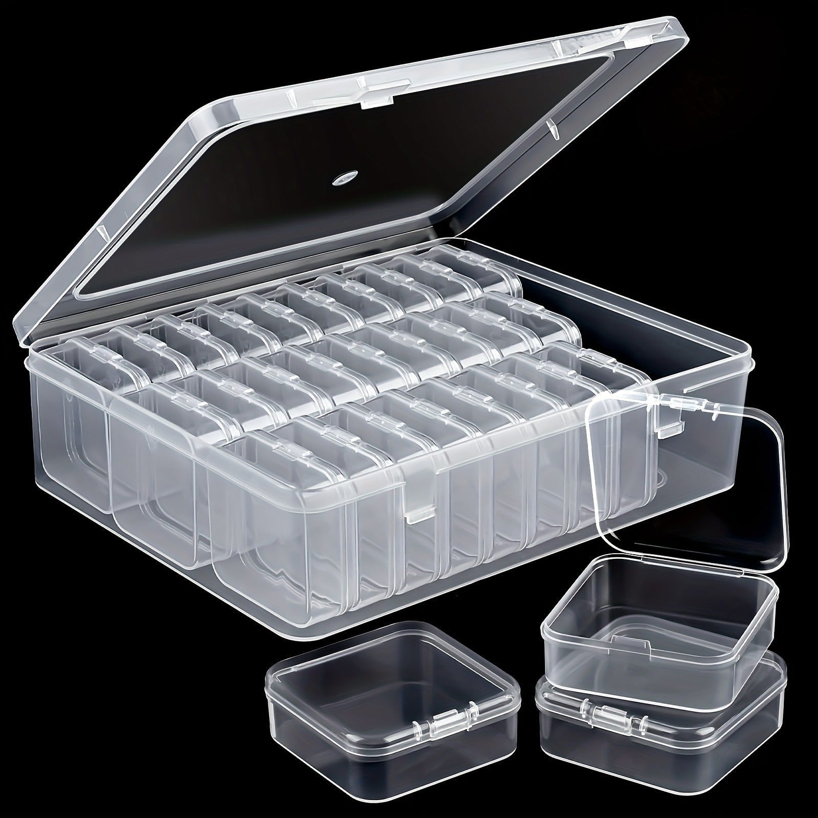 Stackable organizer set featuring 30 clear compartments, ideal for storing crafts and beads. Made from durable plastic, the organizers are transparent for easy visibility, 1