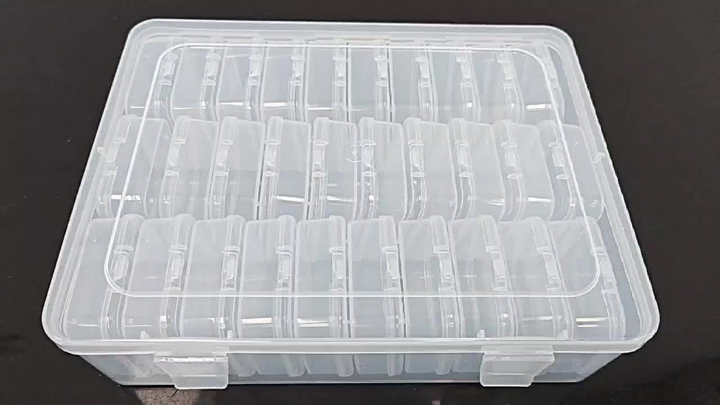Clear plastic stackable organizer set featuring 30 compartments, ideal for crafting and bead storage. The versatile design includes removable dividers for customizable organization, ensuring 3