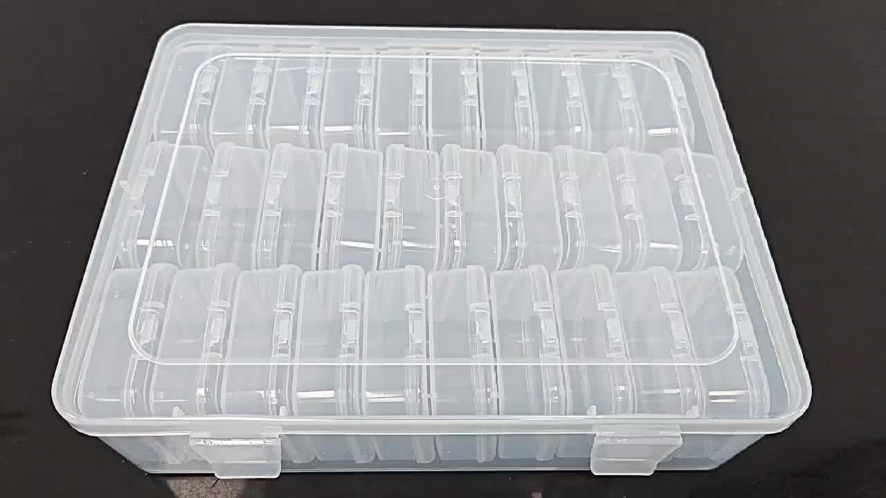 Clear plastic stackable organizer set featuring 30 compartments, ideal for crafting and bead storage. The versatile design includes removable dividers for customizable organization, ensuring 3