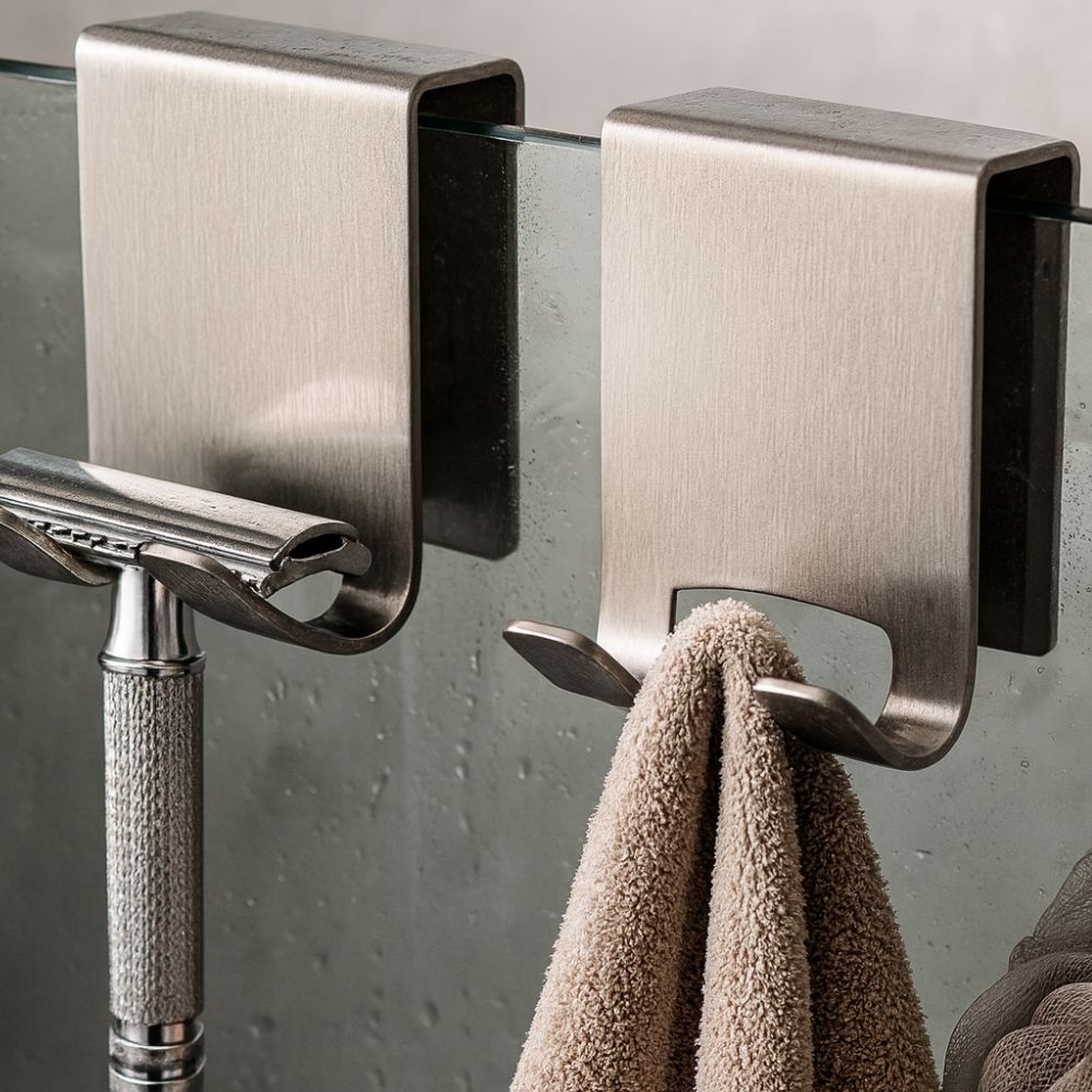 Stainless shower door hooks – Polished finish – Space-saving design – Easy no-drill installation 1