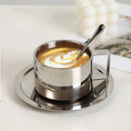 Stainless steel coffee cup set – Modern design – Includes tray and stirring spoon – Ideal for home or office 0