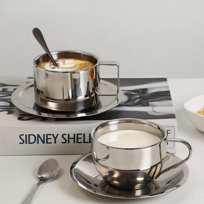 Stainless steel coffee cup set – Modern design – Includes tray and stirring spoon – Ideal for home or office 1