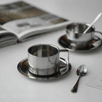 Stainless steel coffee cup set – Modern design – Includes tray and stirring spoon – Ideal for home or office 2