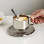 Stainless steel coffee cup set – Modern design – Includes tray and stirring spoon – Ideal for home or office 3