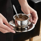Stainless steel coffee cup set – Modern design – Includes tray and stirring spoon – Ideal for home or office 5