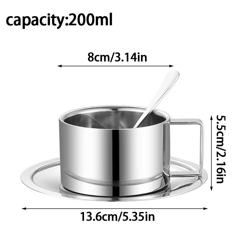 Stainless steel coffee cup set – Modern design – Includes tray and stirring spoon – Ideal for home or office 6