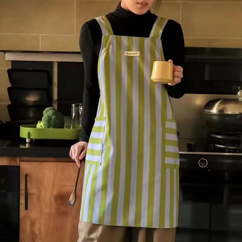 Stylish striped kitchen apron in a vibrant color palette, made from a soft microfiber blend. Features convenient pockets for utensils and tools, perfect for cooking and 0