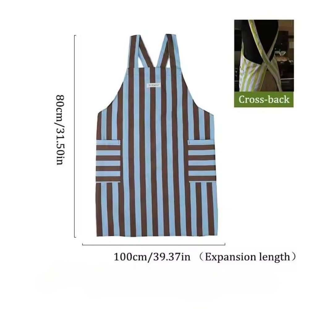 Stylish striped kitchen apron in a vibrant color palette, made from a soft microfiber blend. Features convenient pockets for utensils and tools, perfect for cooking and 3