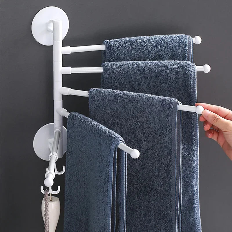 Space-saving swivel towel rack made of durable ABS plastic, featuring a sleek modern design. Ideal for bathrooms, it offers multiple arms for hanging towels, finished 4