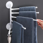 Space-saving swivel towel rack made of durable ABS plastic, featuring a sleek modern design. Ideal for bathrooms, it offers multiple arms for hanging towels, finished 4
