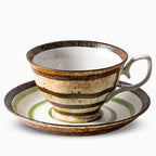 Stoneware Cup & Saucer Set – Handcrafted Striped Ceramic Coffee/Tea Cup with Spiral Saucer