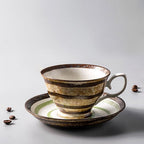 Stoneware Cup & Saucer Set – Handcrafted Striped Ceramic Coffee/Tea Cup with Spiral Saucer