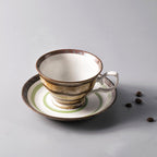 Stoneware Cup & Saucer Set – Handcrafted Striped Ceramic Coffee/Tea Cup with Spiral Saucer