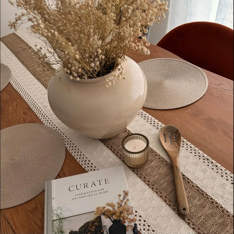 Table runner – Cotton-linen blend – Boho style with tassels – Rustic charm for dining tables 0