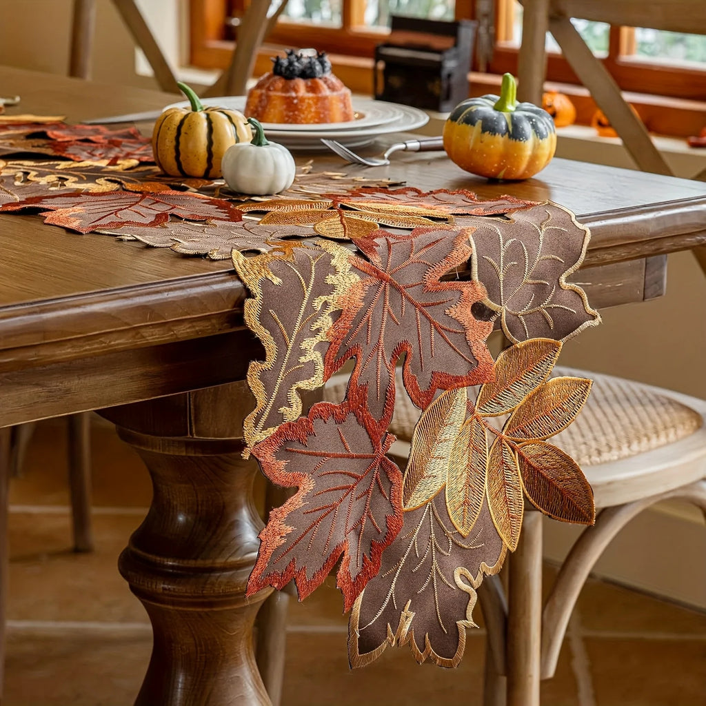Table runner – Embroidered autumn maple leaf – Flocked brown – Rustic farmhouse design – Perfect for Thanksgiving 0