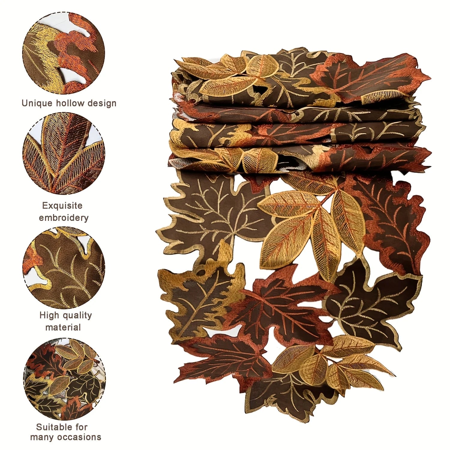 Table runner – Embroidered autumn maple leaf – Flocked brown – Rustic farmhouse design – Perfect for Thanksgiving 2