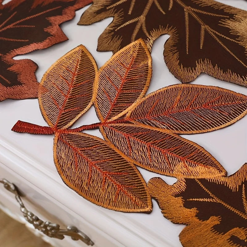 Table runner – Embroidered autumn maple leaf – Flocked brown – Rustic farmhouse design – Perfect for Thanksgiving 4