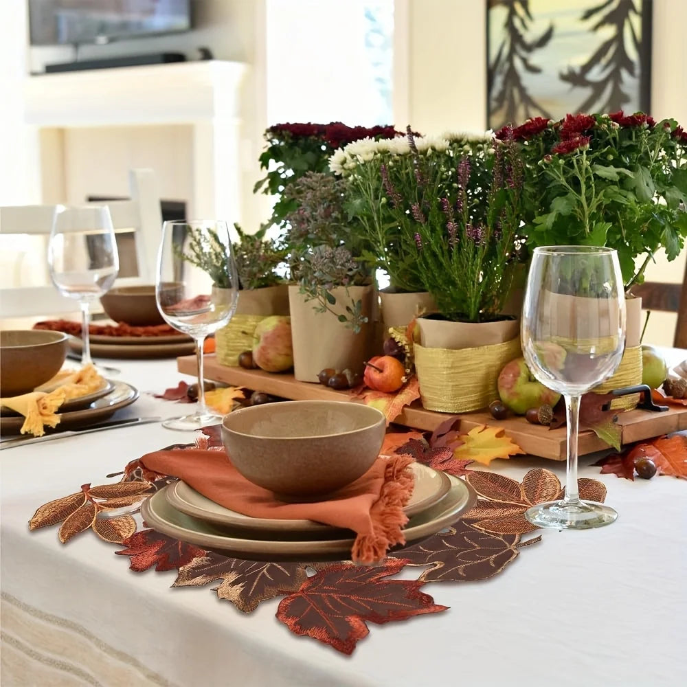 Table runner – Embroidered autumn maple leaf – Flocked brown – Rustic farmhouse design – Perfect for Thanksgiving 5