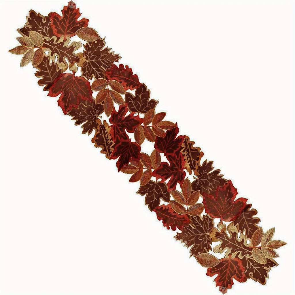 Table runner – Embroidered autumn maple leaf – Flocked brown – Rustic farmhouse design – Perfect for Thanksgiving 6