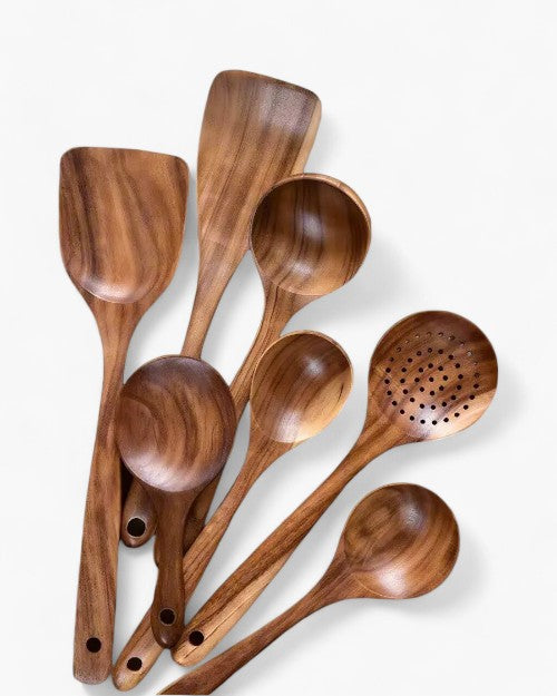 Teak Wooden Kitchen Utensil Set – Eco-Friendly – Durable Cooking Tools – Elegant Design for Cooking and Serving 4