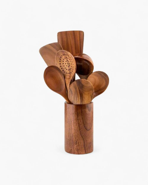 Teak Wooden Kitchen Utensil Set – Eco-Friendly – Durable Cooking Tools – Elegant Design for Cooking and Serving 5