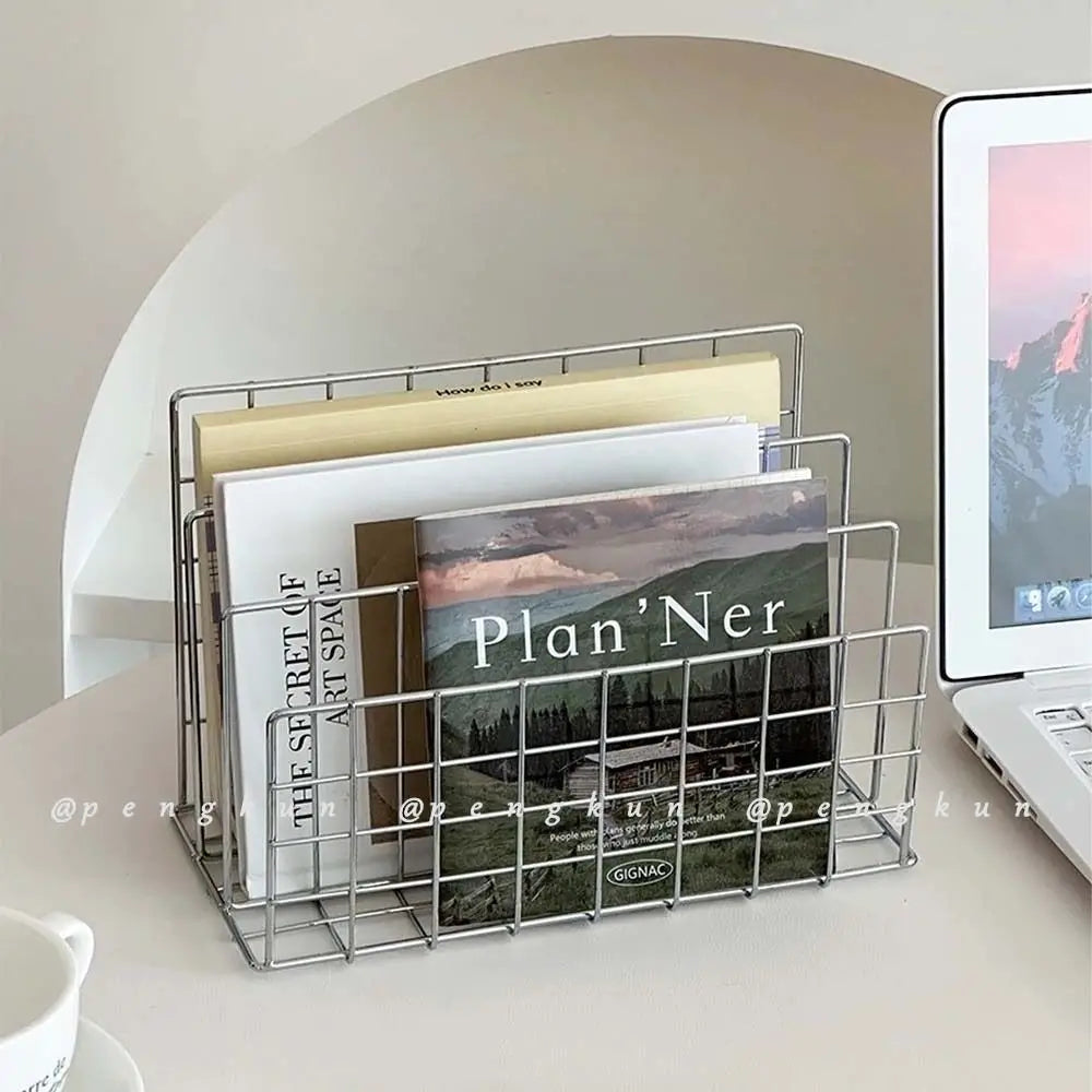 Three-Tier Iron Bookshelf Organizer, Silver - Modern Design for Home and Office Storage, 9.4 x 5.1 x 6.1 Inches 0