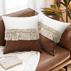 Set of two 18x18 inch throw pillows in soft fabric featuring neutral tones and stylish tassel accents, perfect for adding a bohemian touch to 0