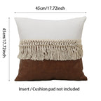 Set of two 18x18 inch throw pillows in soft fabric featuring neutral tones and playful tassel accents. Ideal for adding a bohemian touch to 3