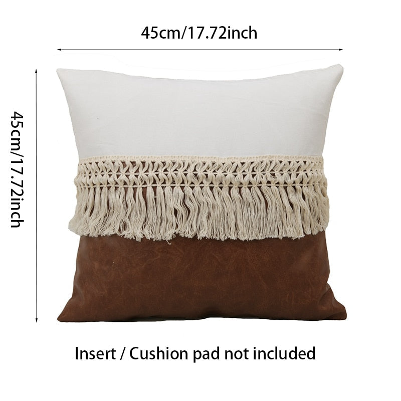 Set of two 18x18 inch throw pillows in soft fabric featuring neutral tones and playful tassel accents. Ideal for adding a bohemian touch to 3