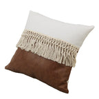 Set of two throw pillows in soft fabric featuring neutral tones and playful tassel accents, perfect for bohemian home decor. Each pillow measures 18 x 4