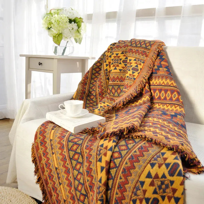 Throw blanket – Cotton-poly blend – Earthy tribal pattern – Reversible design – Cozy home accessory 0