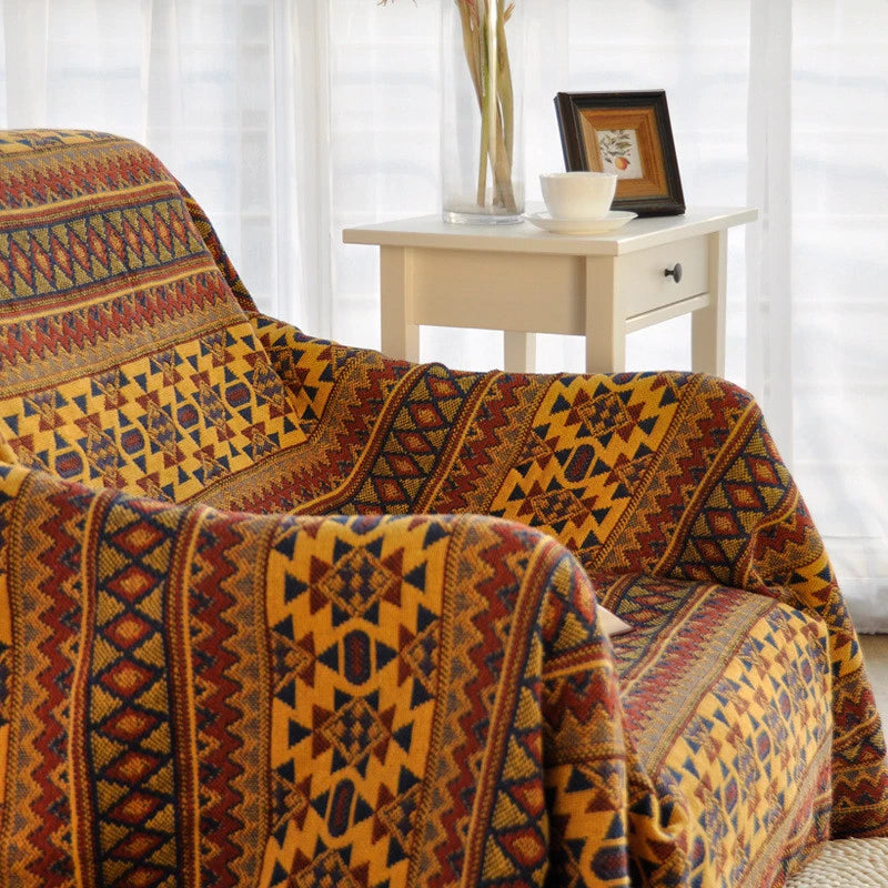 Throw blanket – Cotton-poly blend – Earthy tribal pattern – Reversible design – Cozy home accessory 1