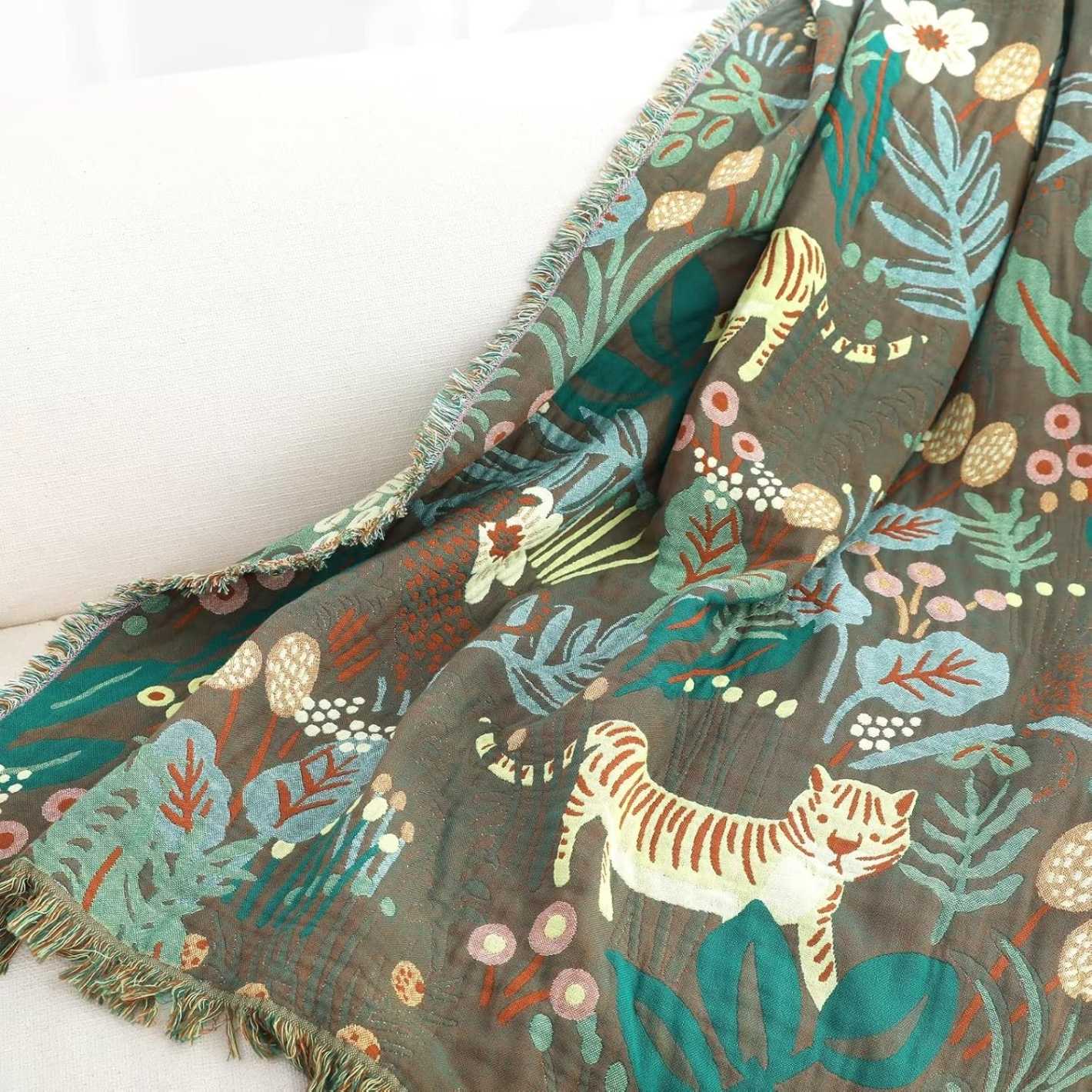 Throw blanket – Woven cotton – Jungle tiger print – Cozy sofa or bed accessory – 60 x 80 inches 7