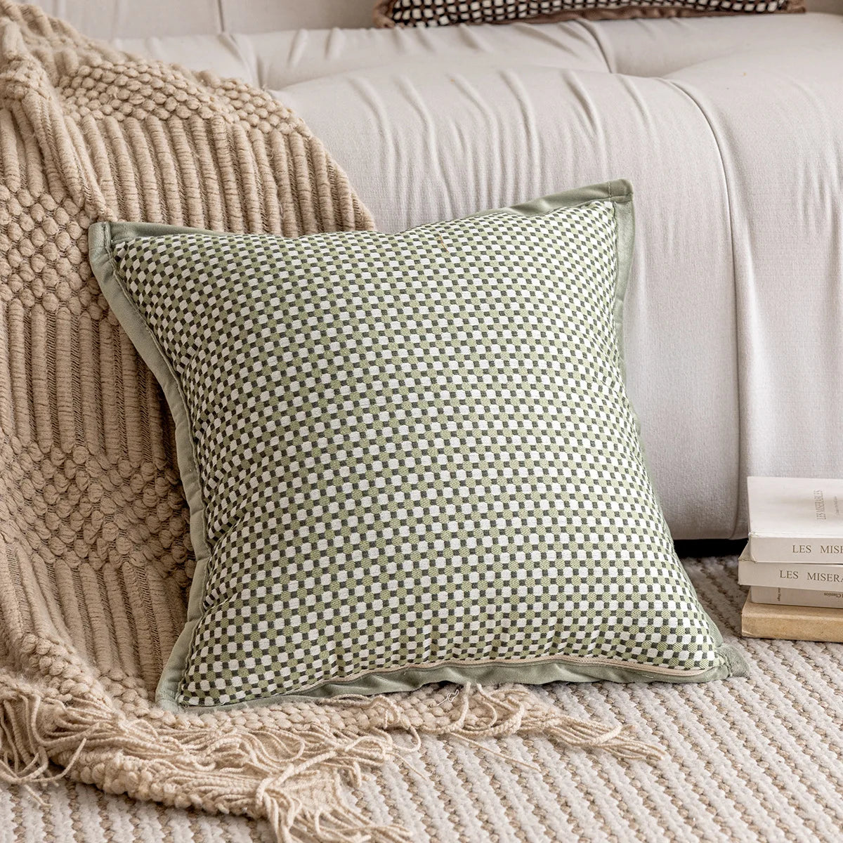 Throw pillow cover – Durable fabric – Green and brown grid – Modern decorative cushion – 17.7 x 17.7 in 2