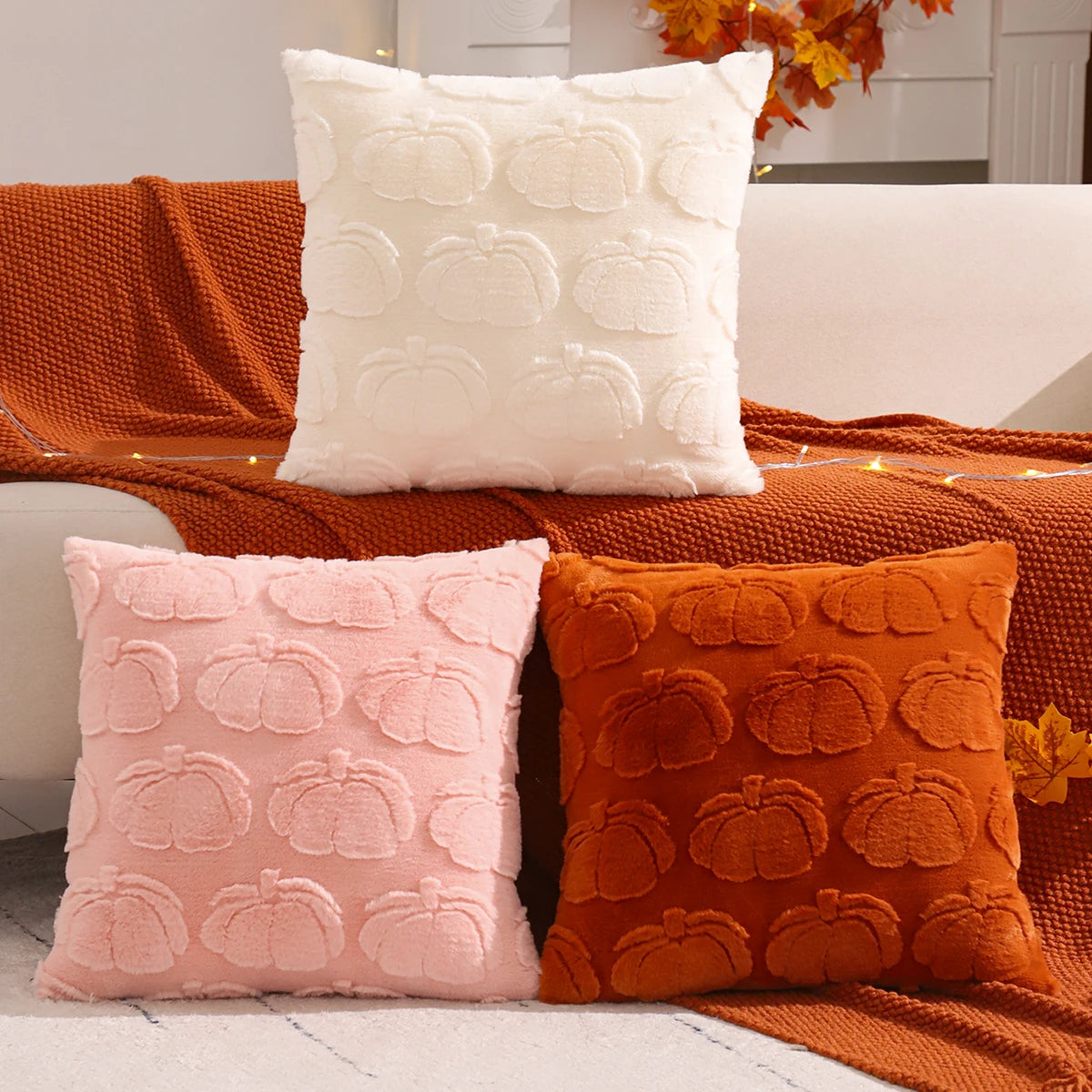 Throw pillow cover – Plush jacquard – Pumpkin design – Autumn and Thanksgiving decor 0