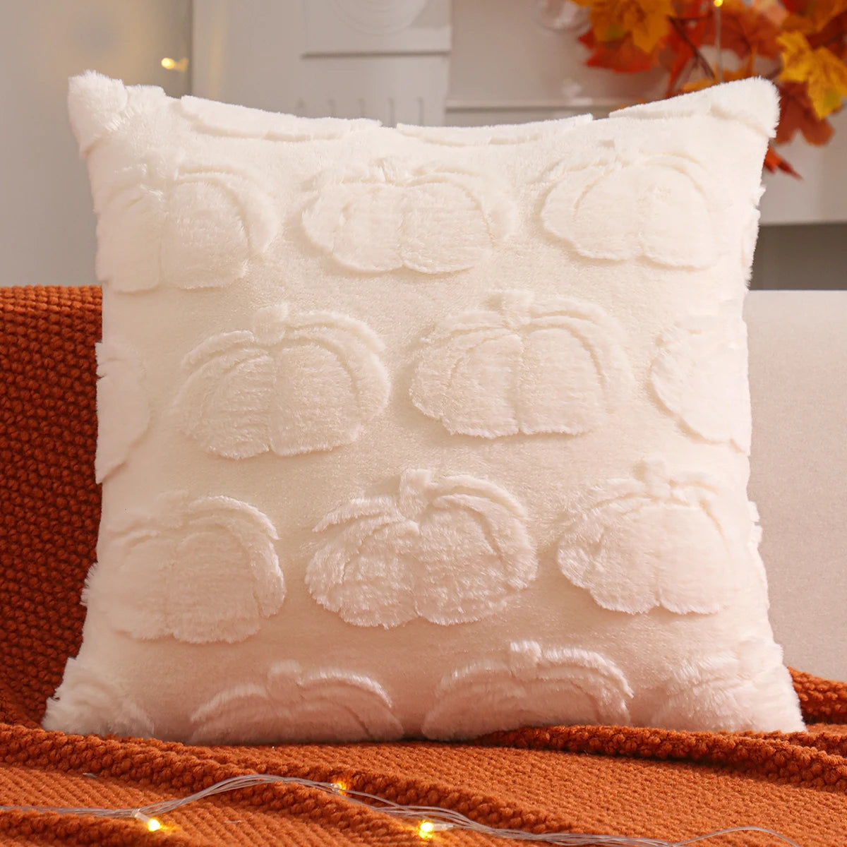 Throw pillow cover – Plush jacquard – Pumpkin design – Autumn and Thanksgiving decor 1