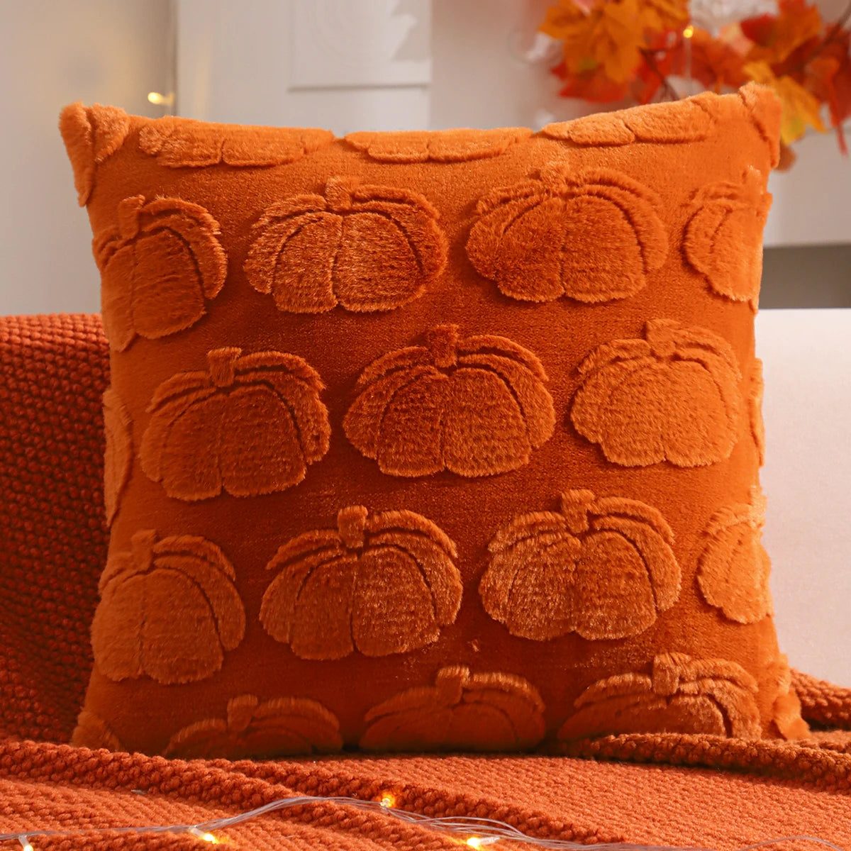 Throw pillow cover – Plush jacquard – Pumpkin design – Autumn and Thanksgiving decor 2