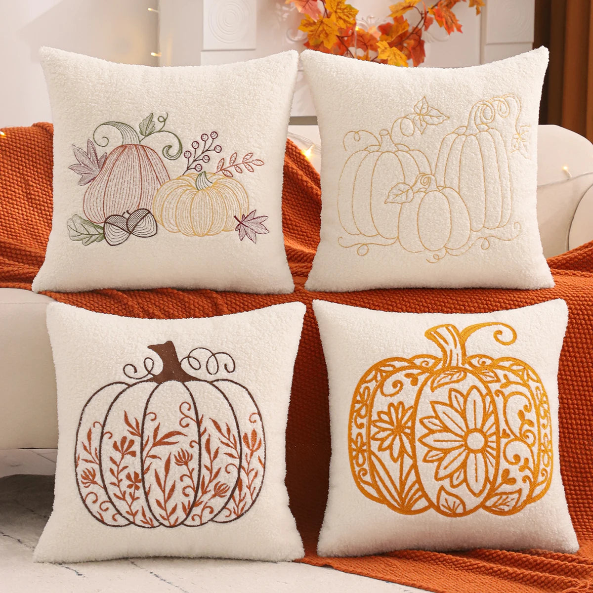 Throw pillow cover – Plush teddy – Pumpkin embroidery – Autumn home decor accessory 0
