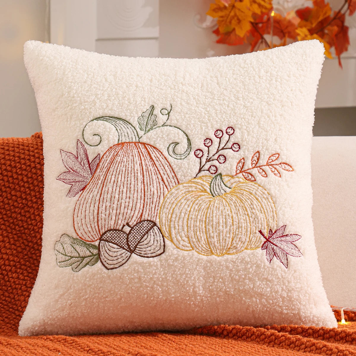 Throw pillow cover – Plush teddy – Pumpkin embroidery – Autumn home decor accessory 1