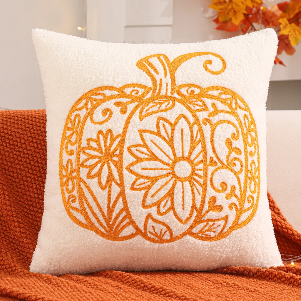 Throw pillow cover – Plush teddy – Pumpkin embroidery – Autumn home decor accessory 2