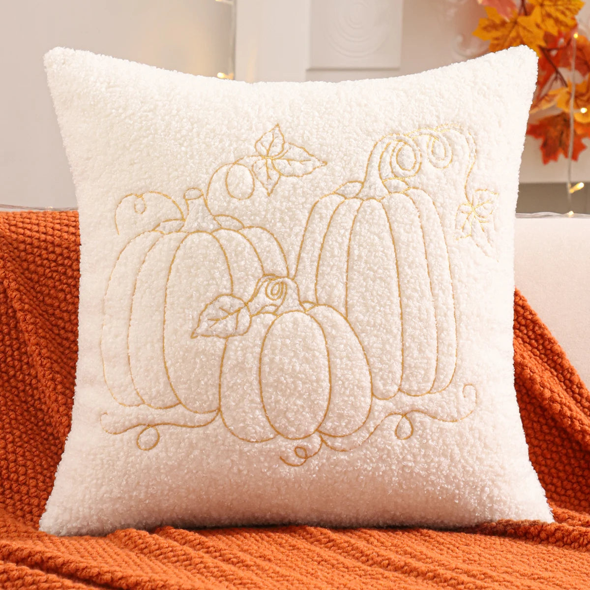 Throw pillow cover – Plush teddy – Pumpkin embroidery – Autumn home decor accessory 3