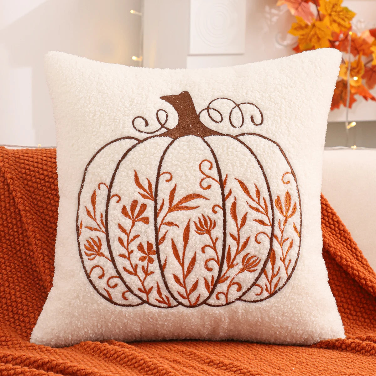 Throw pillow cover – Plush teddy – Pumpkin embroidery – Autumn home decor accessory 4