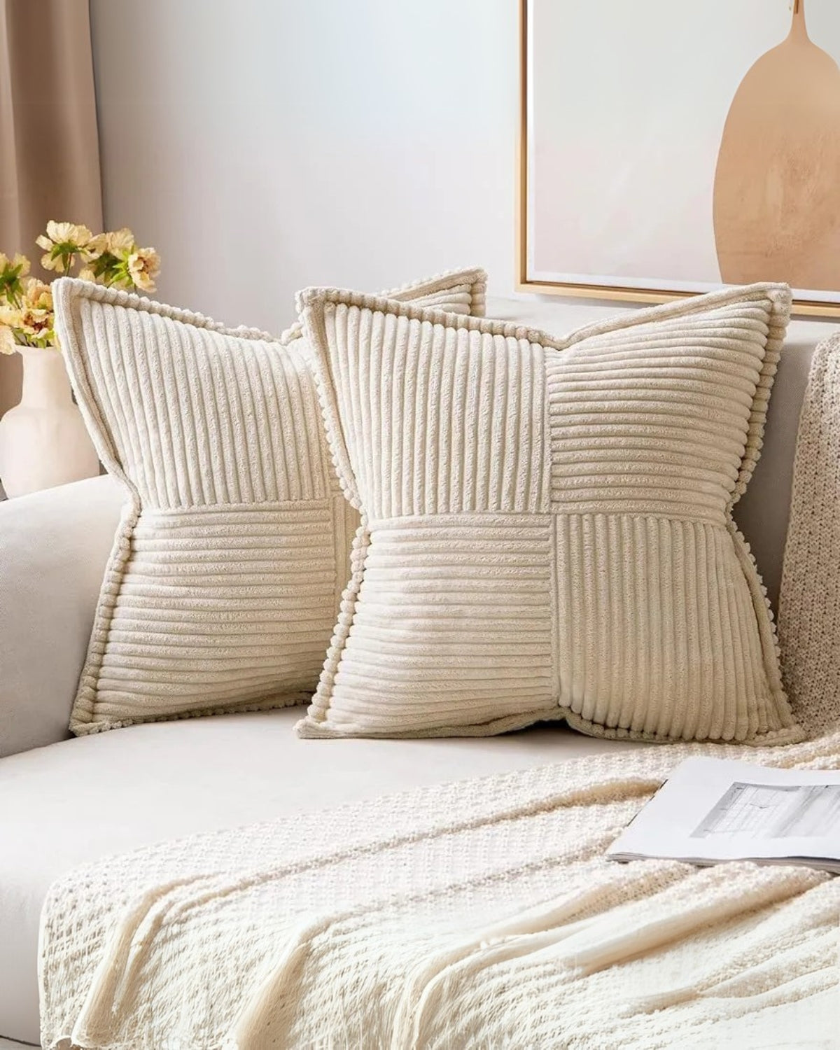 Throw pillow cover – Soft striped ribbed velvet – Neutral tones – Decorative accent for living room or bedroom 0