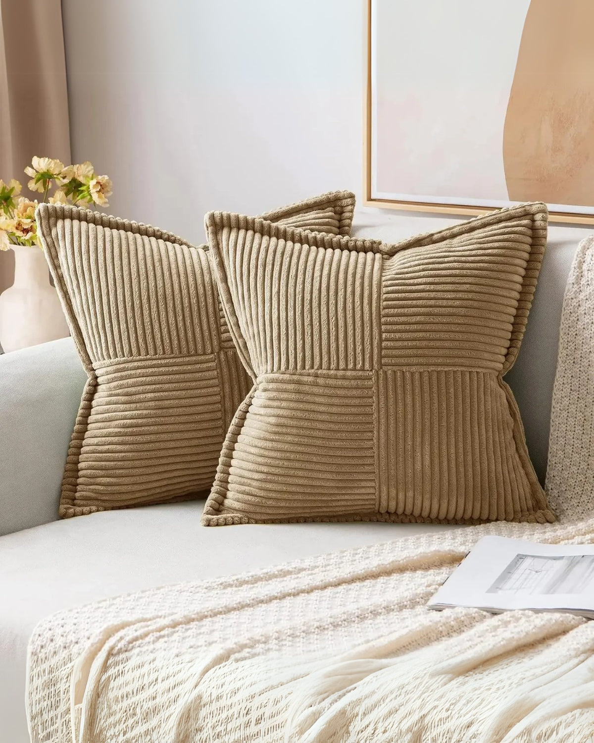 Throw pillow cover – Soft striped ribbed velvet – Neutral tones – Decorative accent for living room or bedroom 2