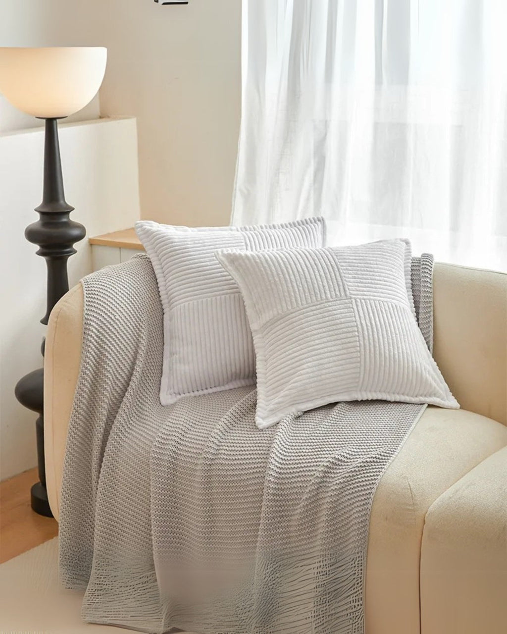 Throw pillow cover – Soft striped ribbed velvet – Neutral tones – Decorative accent for living room or bedroom 3