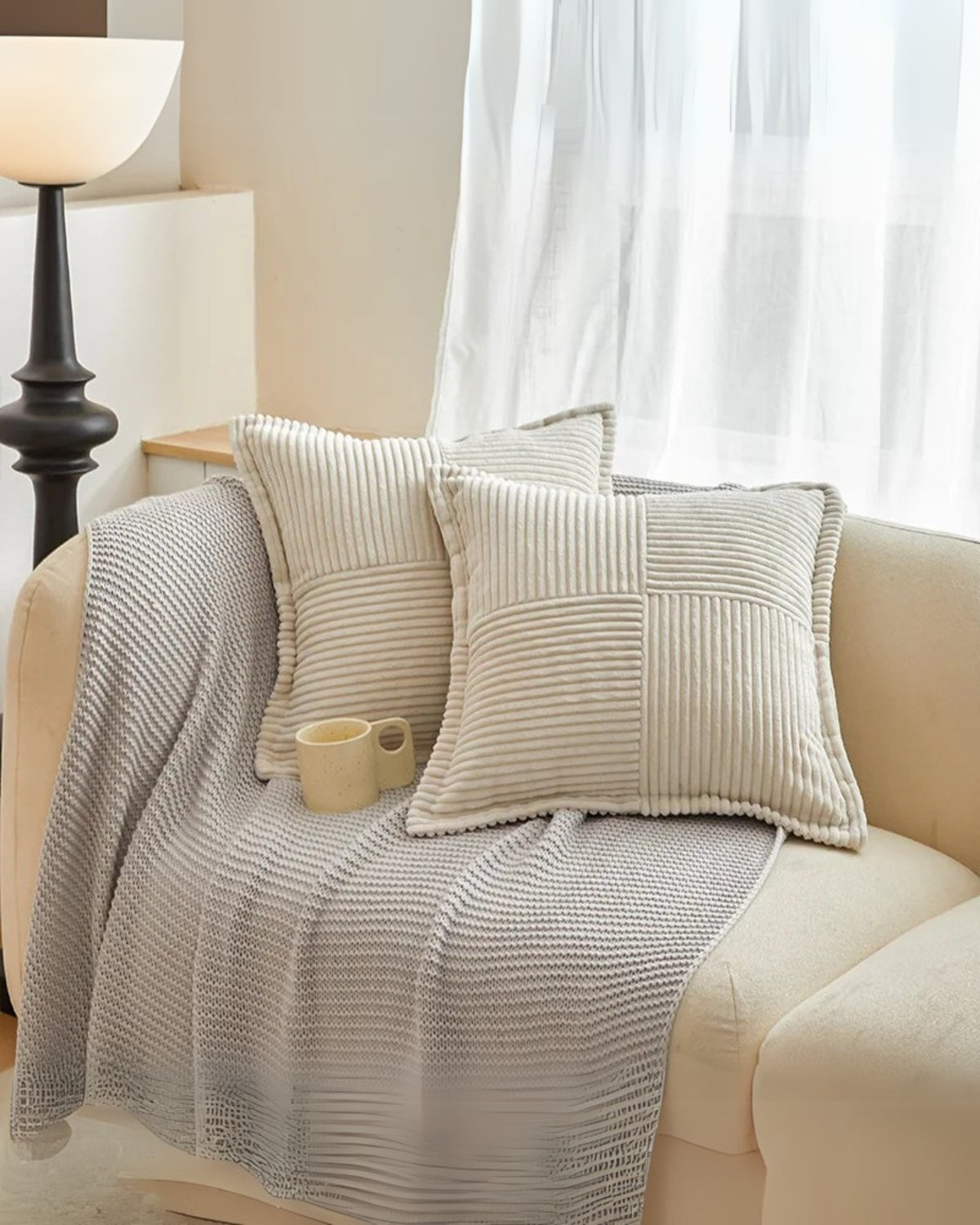 Throw pillow cover – Soft striped ribbed velvet – Neutral tones – Decorative accent for living room or bedroom 4