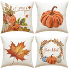 Throw pillow covers – Durable fabric – Autumn pumpkin and leaf designs – Fits 18x18 cushions – Set of 4 decorative covers 1